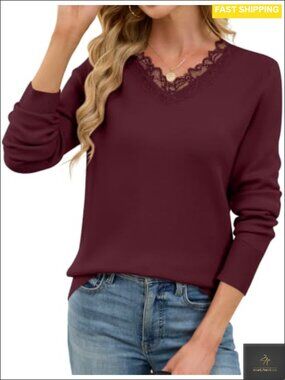 Womens Lace V Neck Long Sleeve Knit Sweater Pullover Top